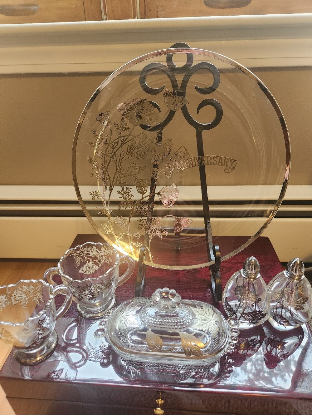 Vintage Duncan & Miller Glassware Set With Silver Floral Overlay 6 Pieces